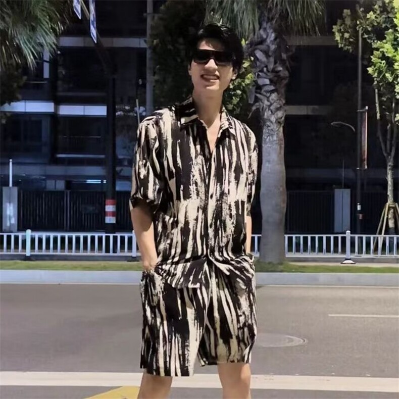 夏威夷度假休闲宽松痞帅套装夏季泰式短袖花衬衣情侣装短裤两件套,男装休闲套装,星座506A