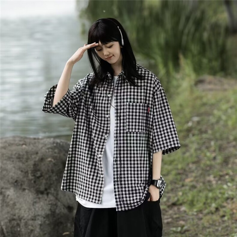 格子衬衫女日系少年短袖上衣设计感小众法式韩系外套C6433-P38图片