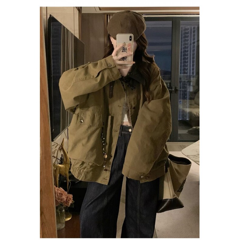 春季美式复古拼皮翻领巴恩风谷仓夹克男女短款工装外套,男装夹克,星座506A
