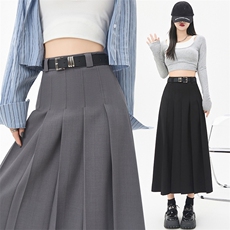 西装半身裙中长款女春夏新款灰色长裙高腰遮胯显瘦a字百褶裙，女装半身裙，梦白服饰厂