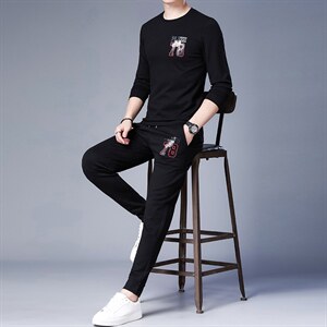 2023春秋季套装中年人爸爸装休闲两件套商务长袖圆领卫衣男上衣服,开叉卫衣怎么搭配阔腿裤图片