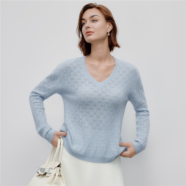 2025秋冬新款镂空v领山羊绒100%纯色毛衣长袖宽松针织羊绒衫，女装羊绒衫，阿舍尔精品