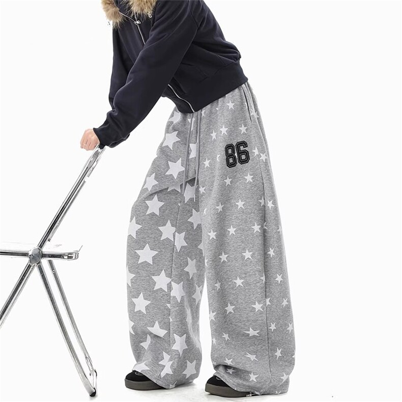 美式复古星星满印弯刀卫裤男女冬季潮hiphop宽松慵懒感阔腿休闲裤图片