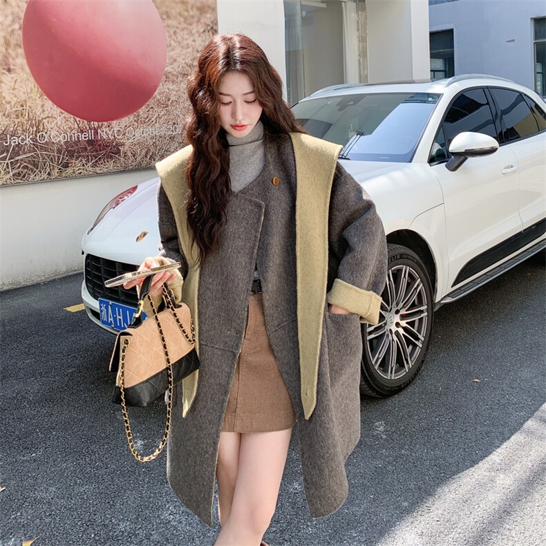灰色娃娃领撞色连帽双面呢羊毛大衣女2025新款高级设计感加厚外套,女装羊绒大衣,2C056