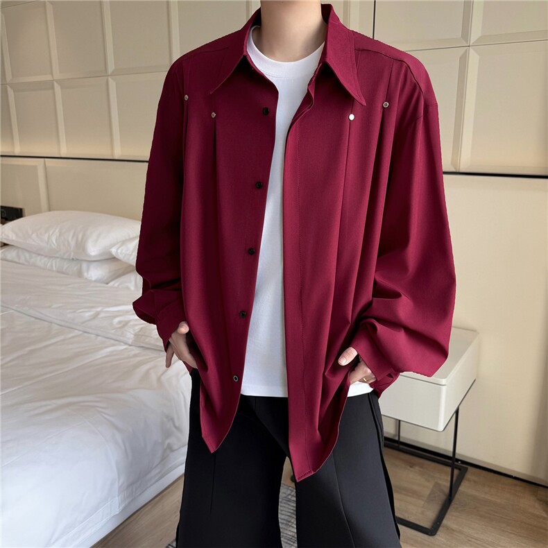 春秋男士衬衫外套韩版休闲长袖衬衫打底西装领铆钉装饰衬衫P42，男装T恤，电商B319