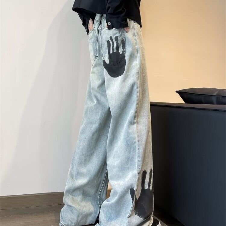 DB28-P50美式高街vibe风手掌印花牛仔裤男设计感宽松hiphop炸街裤,男装牛仔裤,星座603-2