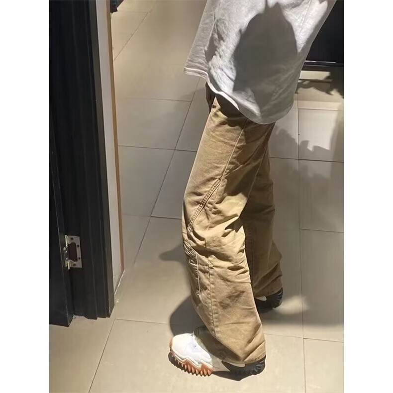 卡其色工装裤春秋新款美式高街直筒牛仔裤男复古垂感微喇叭长裤子,女装休闲裤,星座1210-1