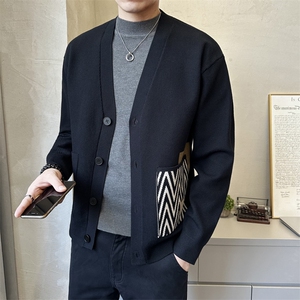 秋季简约休闲V领拼色毛衣开衫 时尚休闲男款披肩K5727-P125图片