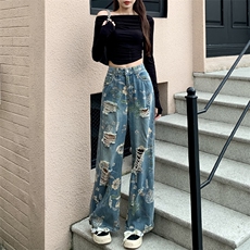 潮美式复古印花破洞牛仔裤女夏季新款设计感宽松显瘦阔腿拖地裤，男装牛仔裤，星座506A