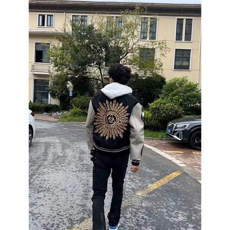 美式刺绣太阳之眼黑色夹棉棒球服夹克外套男A439-常规P68加棉P78,男装夹克,星座1505