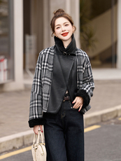 2024冬季新款时尚格纹毛呢拼接羽绒服，女装短外套，美沁