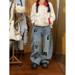 小众美式覆古字母刺绣多口袋工装牛仔裤男女宽松阔腿弯刀裤图片