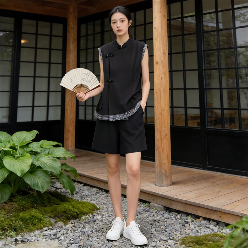 新中式黑色不规则拼接套装女夏季新款无袖马甲立领上衣短裤两件套,女装套装/套裙,江南
