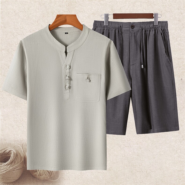 现货男士中老年风唐装复古盘扣亚麻短袖T桖套装棉麻半袖，男装休闲套装，钱塘723