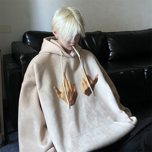 秋季大码麂皮绒美式印花连帽套头宽松卫衣男女JK23501特批45控78图片