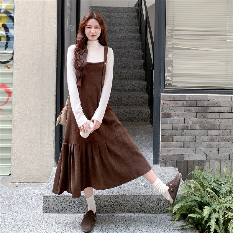 咖色复古设计感背带连衣裙套装女2025秋季温柔风打底衫长裙两件套,女装套装/套裙,2C206