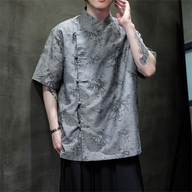 真棉麻现货中式斜门襟风复古汉服盘扣立领短袖衬衫T恤CS35-P65,男装T恤,电商A021