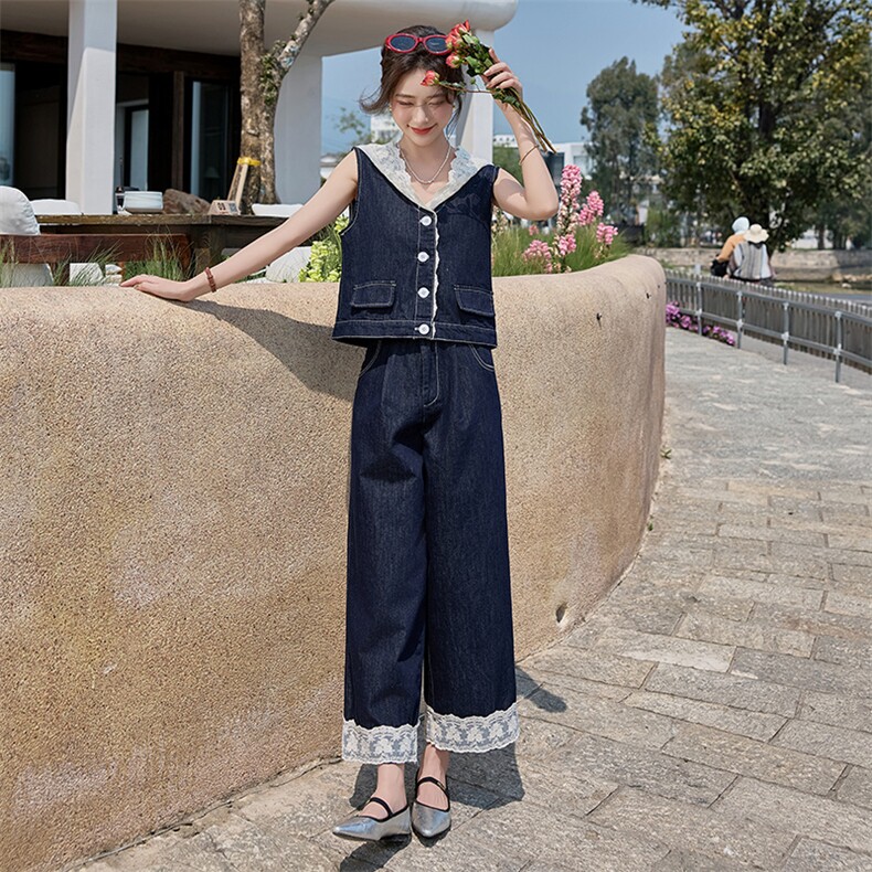 2025夏季新款韩版时尚显瘦马甲拼接阔腿裤两件套女设计感小众套装,商品下架区,苗苗