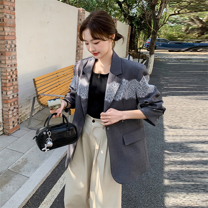 蕾丝拼接灰色西装外套女2025春季新款韩系休闲气质高级感炸街西服,女装西装,浙宝069