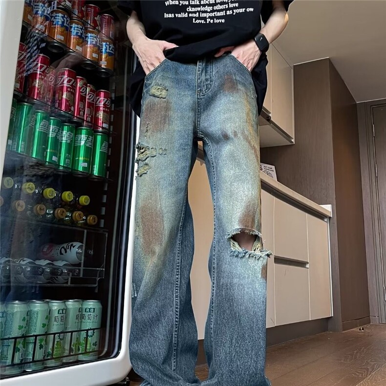 水洗做旧牛仔裤男春夏美式复古宽松阔腿直筒拖地长裤炸街痞帅裤子图片
