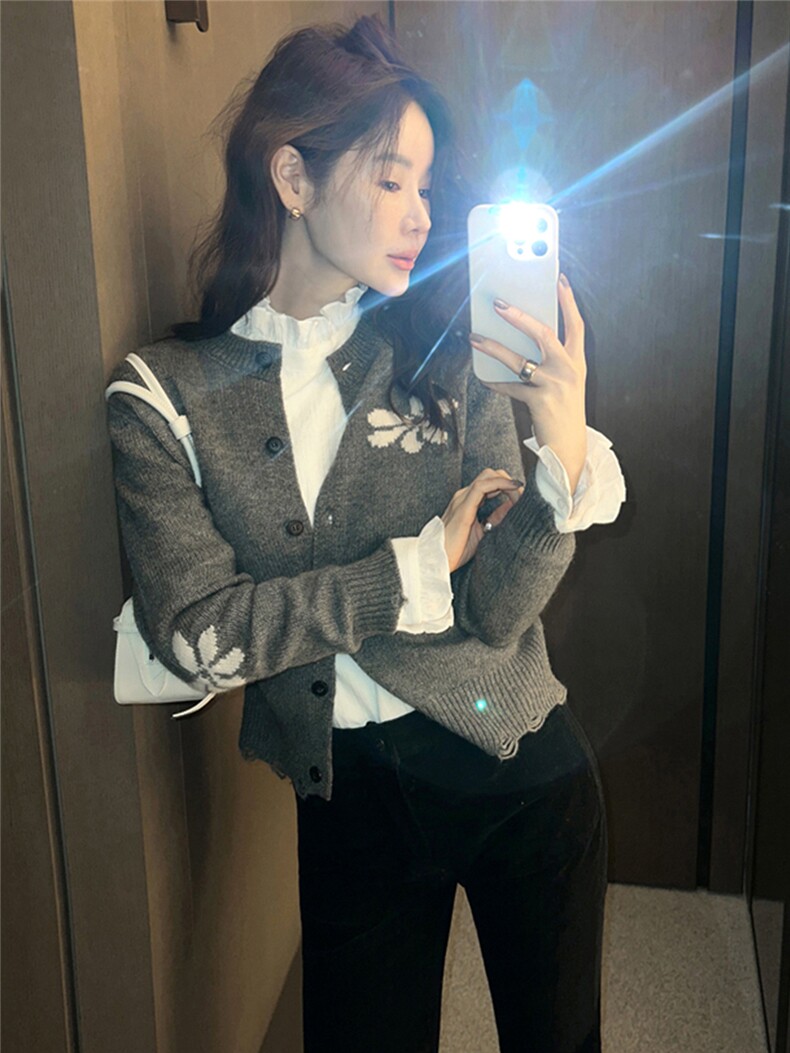 2025年夏季新款两朵小花针织上衣时尚休闲通勤百搭，女装针织衫/毛衣，隆秋羊绒