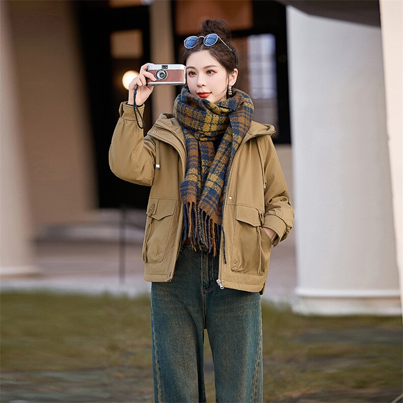 冬季加绒派克服棉衣女2025新款小个子短款连帽休闲工装棉衣外套,女装棉衣/棉服,涵亦佰惠
