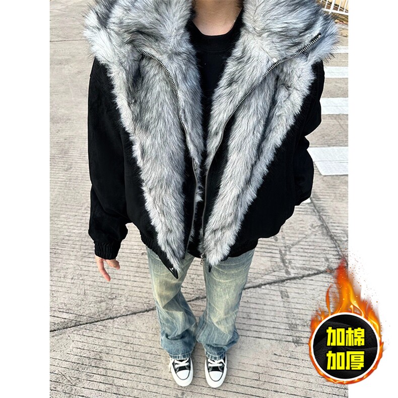 现货高品质美式高街重磅狼王座山雕毛毛领假两件棉衣加厚棉服外套，男装棉衣，电商A486-1
