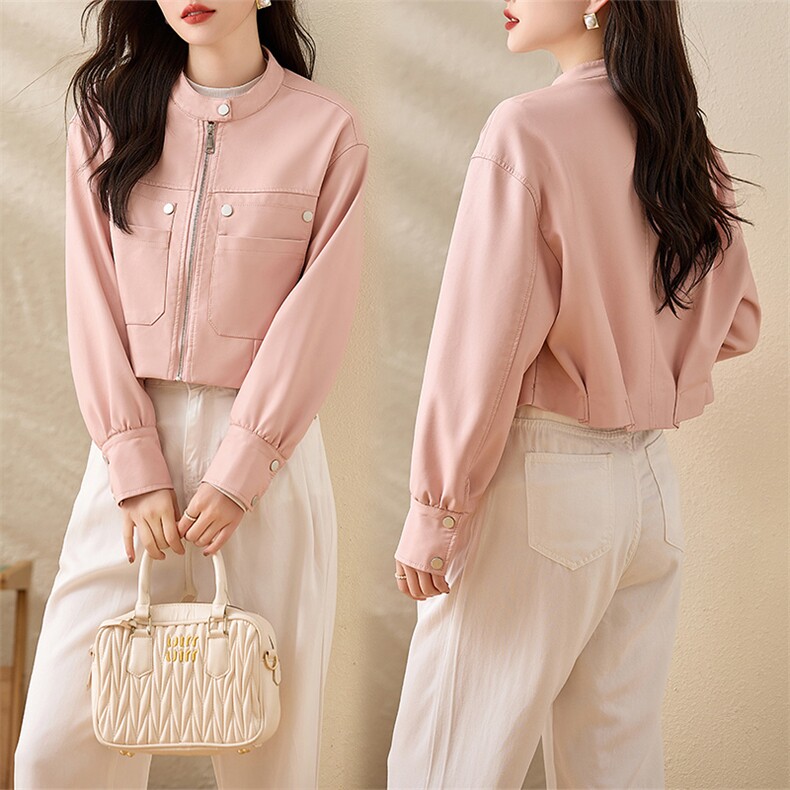 现货复古短款皮衣外套女2024春秋新款PU皮机车服秋季女式皮夹克,女装皮衣,江南女神