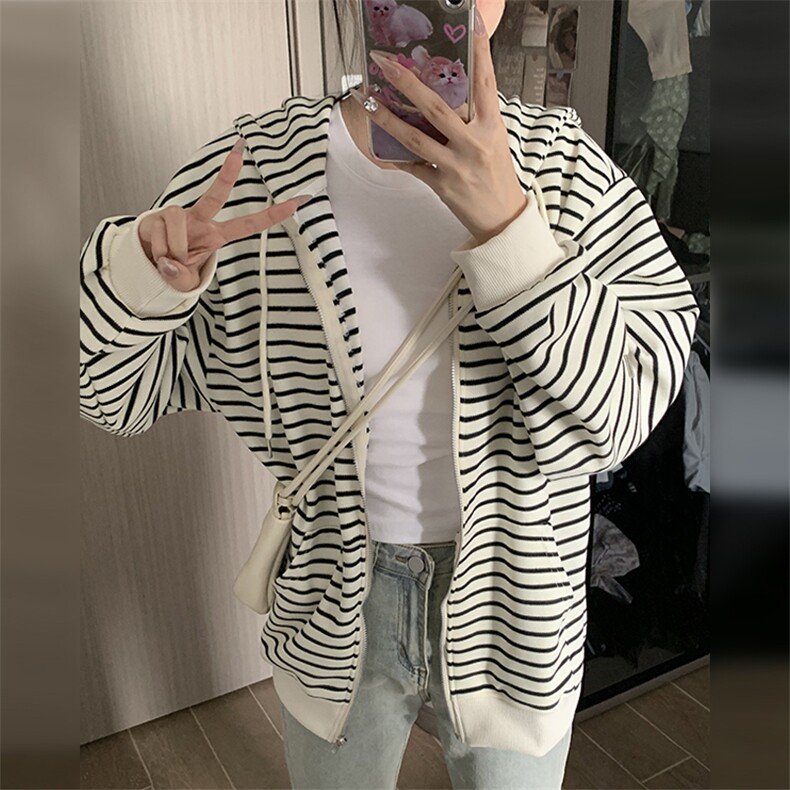 KS288-P55 条纹卫衣拉链开衫连帽女学生外套2025春秋冬新款潮上衣图片