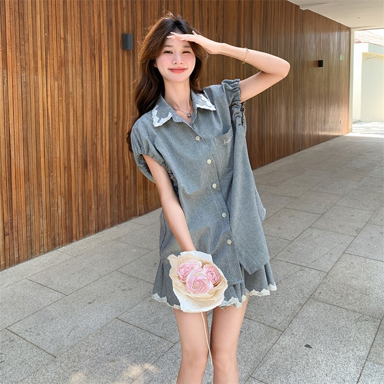 格纹蕾丝拼接领衬衫套装女2025夏季新款韩版显瘦短裤小个子两件套,女装套装/套裙,维壹