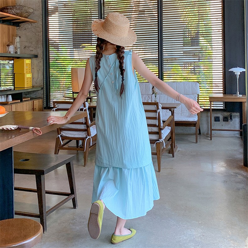 蓝色无袖假两件连衣裙女2025夏季新款韩系宽松休闲显瘦减龄背心裙,女装连衣裙,浙宝305