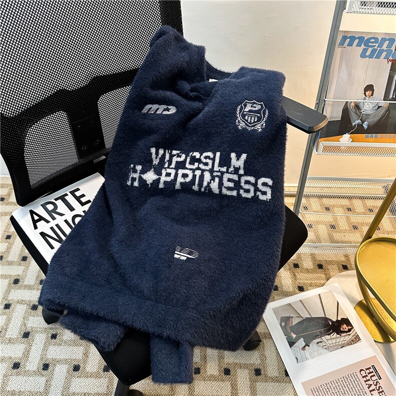 美式复古徽章印花V领球服运动风针织衫毛衣秋季男女同款外套,男装针织衫/毛衣,星座601-1