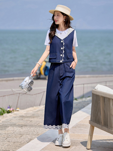 洋气百搭牛仔连帽拼接蕾丝阔腿裤套装女夏季新款三件套装裤图片