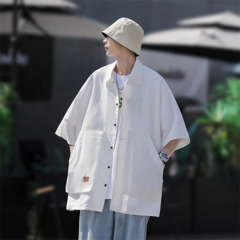 夏装日系复古大口袋短袖衬衫男宽松纯色大码衬衣C500P35,男装T恤,电商C323