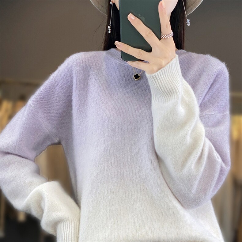 2025年秋季新款百搭女士撞色圆领长袖羊毛衫,女装羊毛衫,春贝羊绒