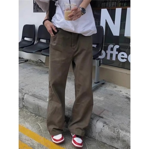 美式复古基础通勤百搭咖啡色牛仔裤男女直筒宽松休闲百搭长裤图片