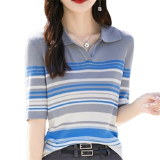时尚薄款POLO领条纹针织短袖T恤女夏季气质修身百搭短款打底上衣，女装T恤，暖烁羊绒