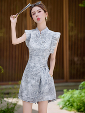 短袖烫钻旗袍上衣+短裤女2024夏季复古气质新中式国风碎花套装，女装套装/套裙，涵墨