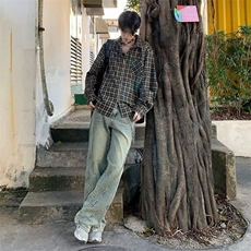 美式复古泥黄微喇牛仔裤男春vibe潮牌解构宽松直筒长裤RK2547-P67，男装牛仔裤，星座412-2