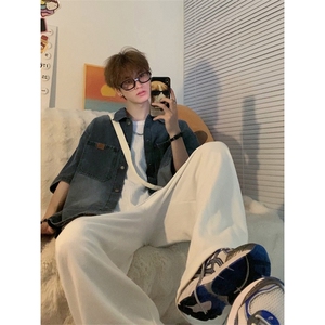 美式复古水洗牛仔短袖衬衫男夏季潮痞帅高级感半袖衬衣10244-P57图片