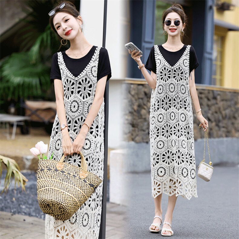 松弛感镂空钩花罩衫连衣裙女夏季2025新款时尚黑色T恤，女装连衣裙，C位