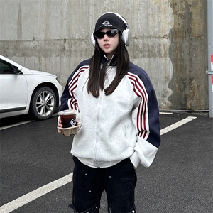 抖音得物高品质26春装美式高街重磅织带拼接撞色立领卫衣外套CM41图片