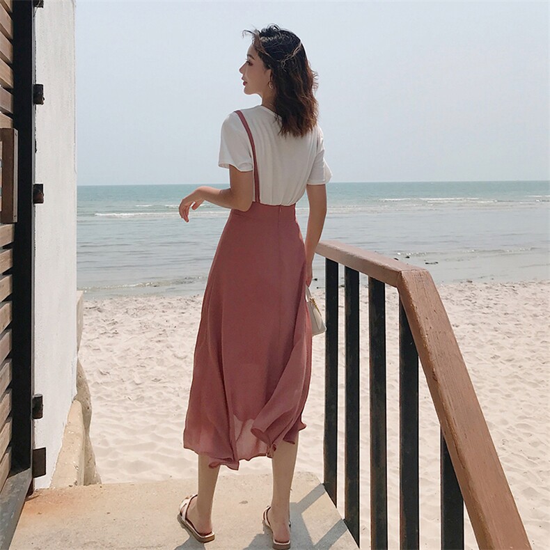 夏季主推款现货！仙雪纺背带裙+T恤套装1307-0828-P85-控128，女装套装/套裙，拾菱