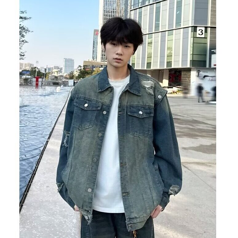 春秋水洗做旧破洞牛仔外套男款潮牌痞帅高街情侣美式夹克8860/P65,男装夹克,星座506