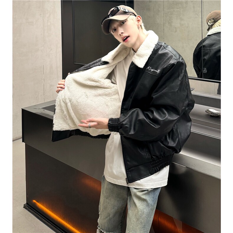 美式黑色长袖皮衣夹克男士外套冬季加绒超好看宽松机车外套男P128,男装夹克,电商C307