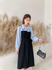 秋冬新款时尚韩版宽松拼色连衣裙，女装连衣裙，荷塘月色