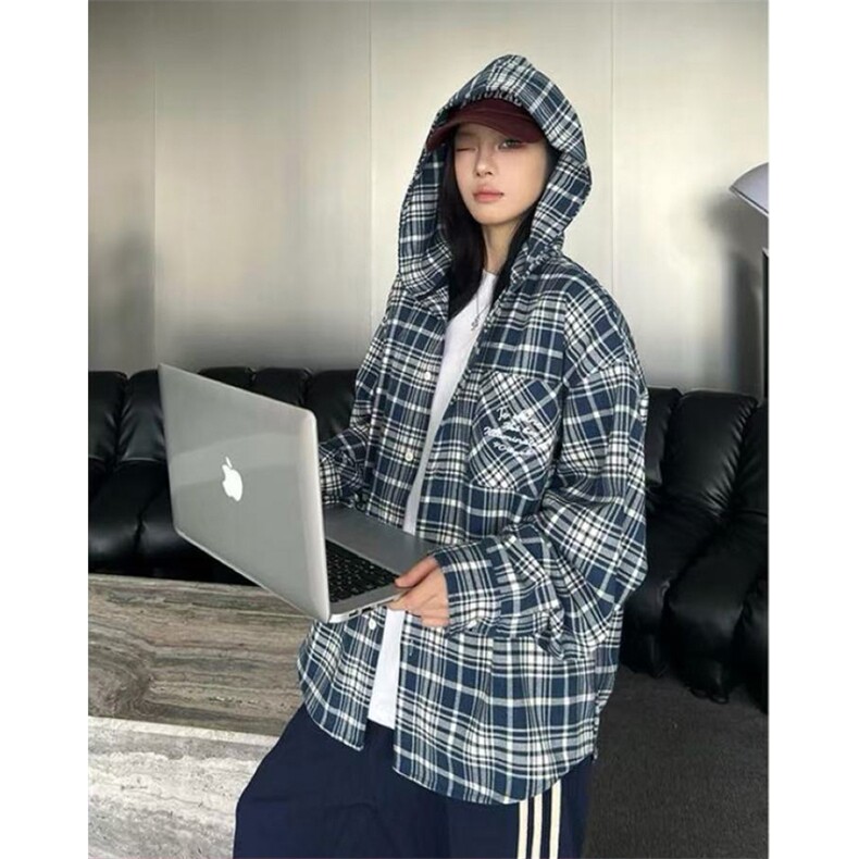 网图！抖音时尚刺绣连帽男士衬衫休闲情侣格子衬衣CS808-P38,男装衬衫,电商A006