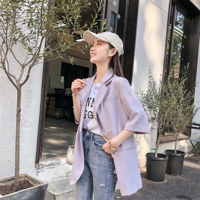 纯色西装秋季2021新款女装中袖腰带修身显瘦外套 166-XZ06P85紫色图片