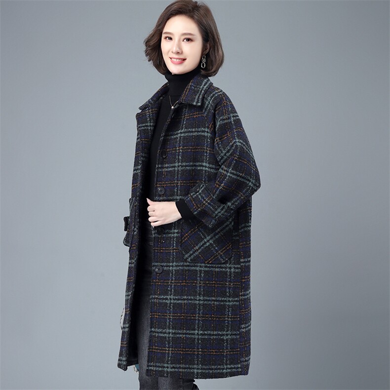 时尚翻领格纹毛呢外套显瘦百搭中长款大衣，女装毛呢外套，希欧阁