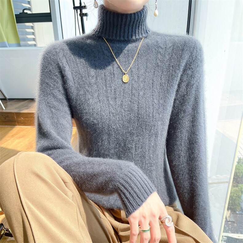 高领加厚100%纯羊毛衫女纯色麻花长袖针织毛衣宽松慵懒羊绒打底衫,女装羊毛衫,暮绒羊羊绒